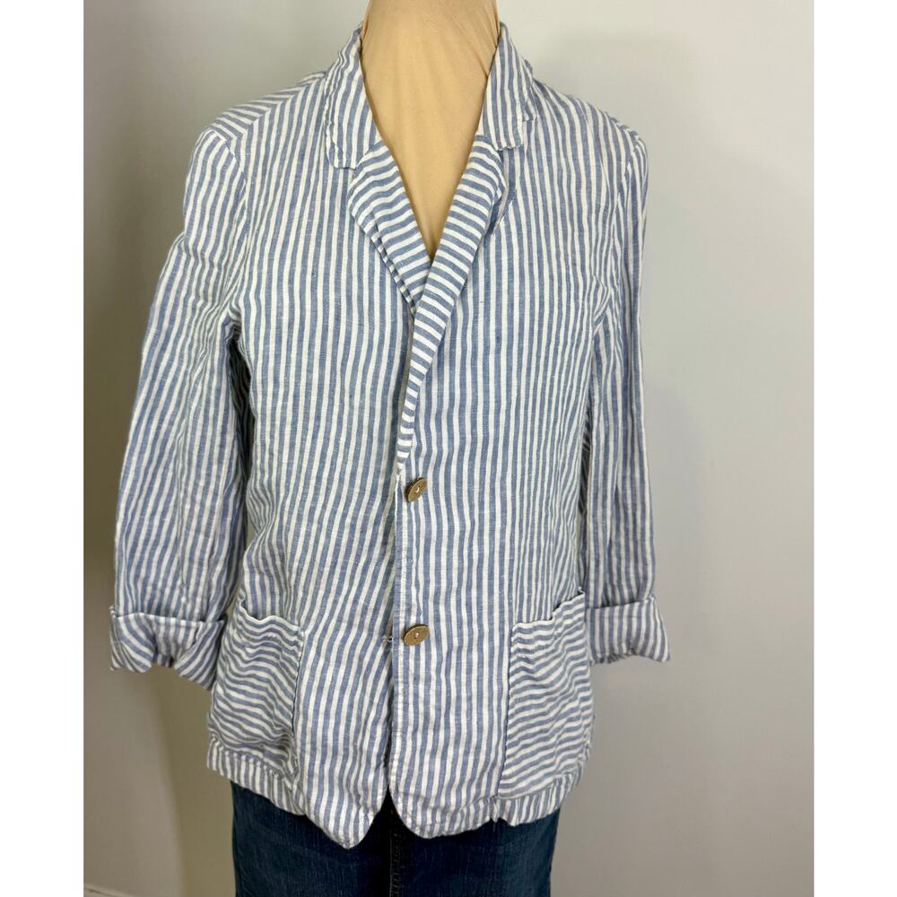 Tahari blue and white stripe deconstructed 100 linen jacket  size M